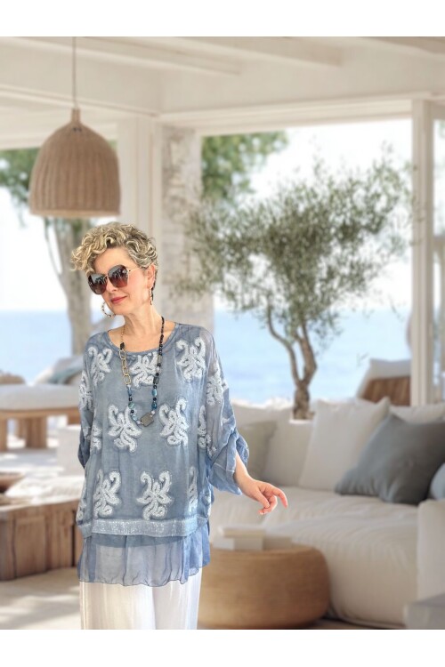 Purro İpek & Vizkoz Karışımlı Payet İşlemeli Bluz İndigo