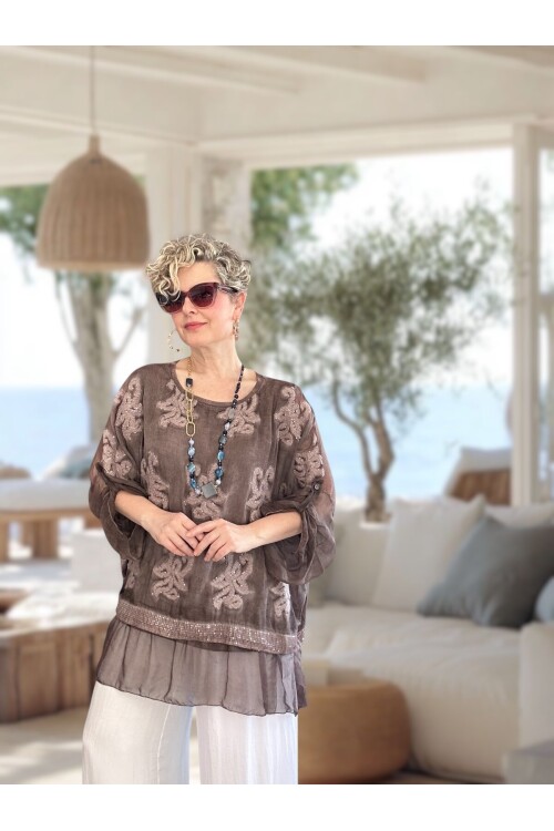 Purro İpek & Vizkoz Karışımlı Payet İşlemeli Bluz Kahve