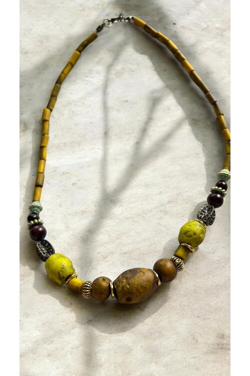 Ragis Pirinç Cam Etnik Kolye Hardal