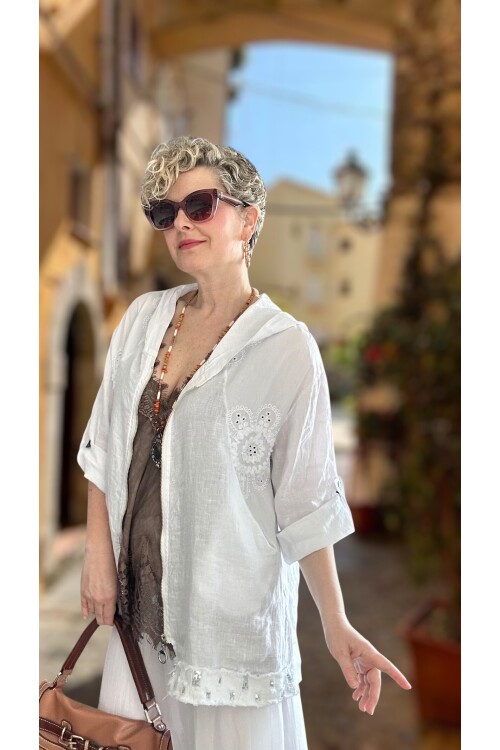 Ratta Fisto İşlemeli Payet Detaylı Truvakar Kol Keten Ceket Beyaz