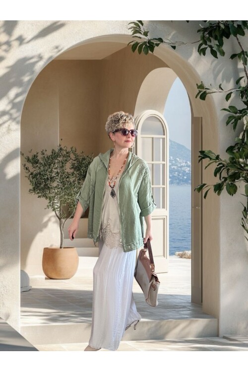 Ratta Fisto İşlemeli Payet Detaylı Truvakar Kol Keten Ceket Haki