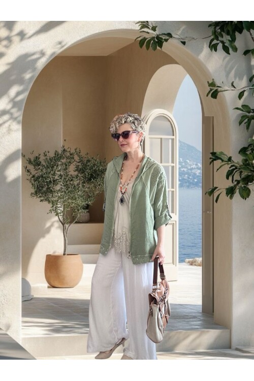 Ratta Fisto İşlemeli Payet Detaylı Truvakar Kol Keten Ceket Haki