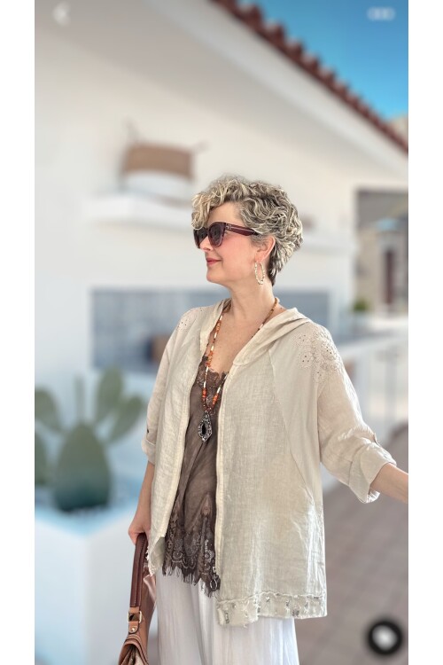 Ratta Fisto İşlemeli Payet Detaylı Truvakar Kol Keten Ceket Beige