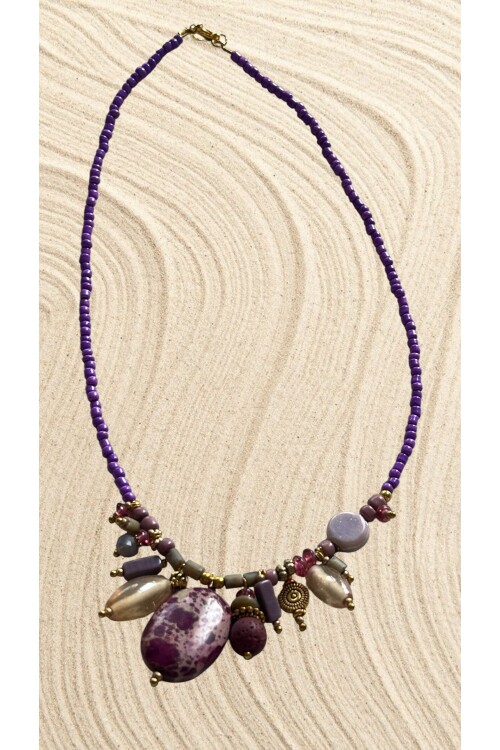 Reteg Pirinç Cam Doğal Taş Etnik Kolye