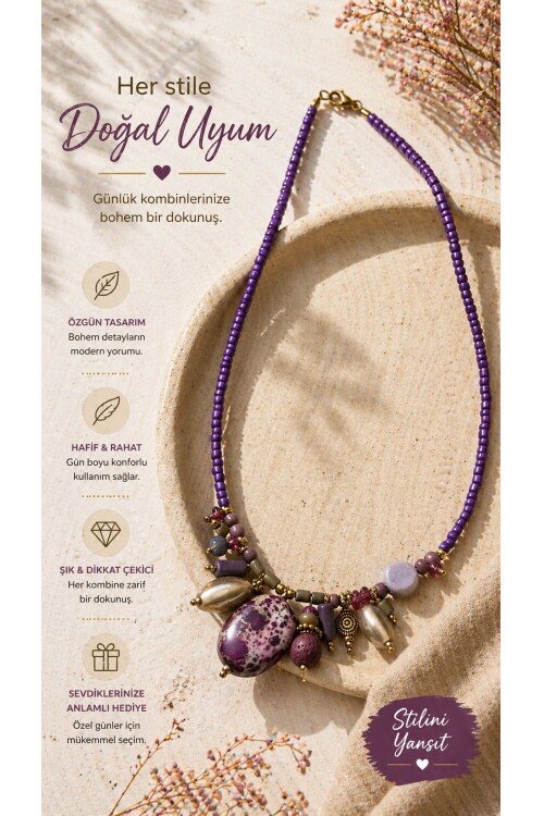 Reteg Pirinç Cam Doğal Taş Etnik Kolye