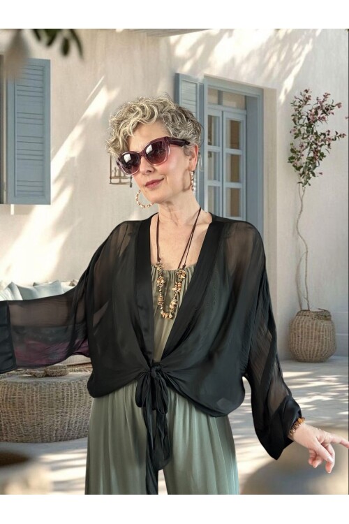 Retti Ön Düğüm Detay İtayan İpek Karışımlı  Bluz Siyah