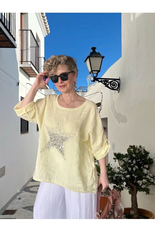 Ricco İthal Yıldız Detaylı Salaş Bluz Sarı