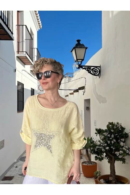 Ricco İthal Yıldız Detaylı Salaş Bluz Sarı