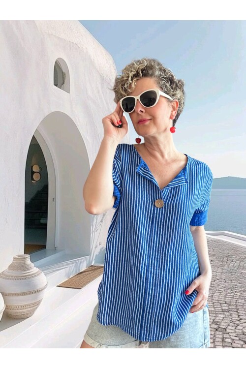 Rimmi İtalyan Çizgili Düğme Detay Bluz Sax