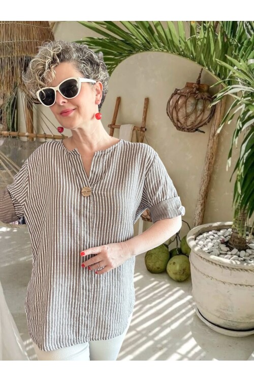 Rimmi İtalyan Çizgili Düğme Detay Bluz Vizon