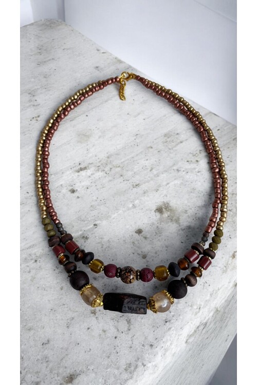 Rustık Pirinç Cam Etnik Kolye