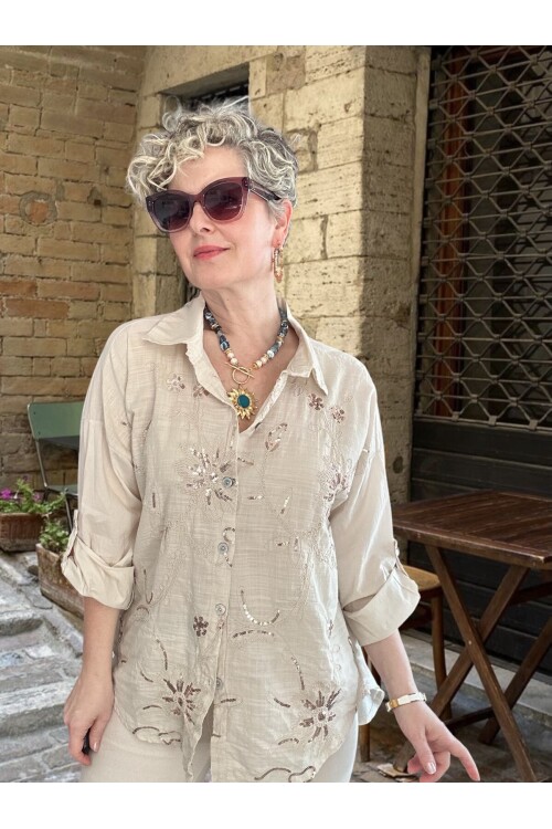 Sabbi İtalyan Payet Nakış Detaylı Gömlek Bej