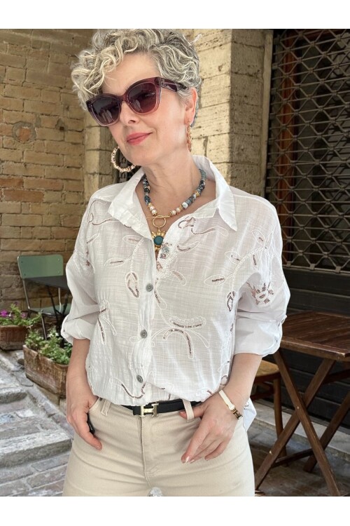 Sabbi İtalyan Payet Nakış Detaylı Gömlek Beyaz