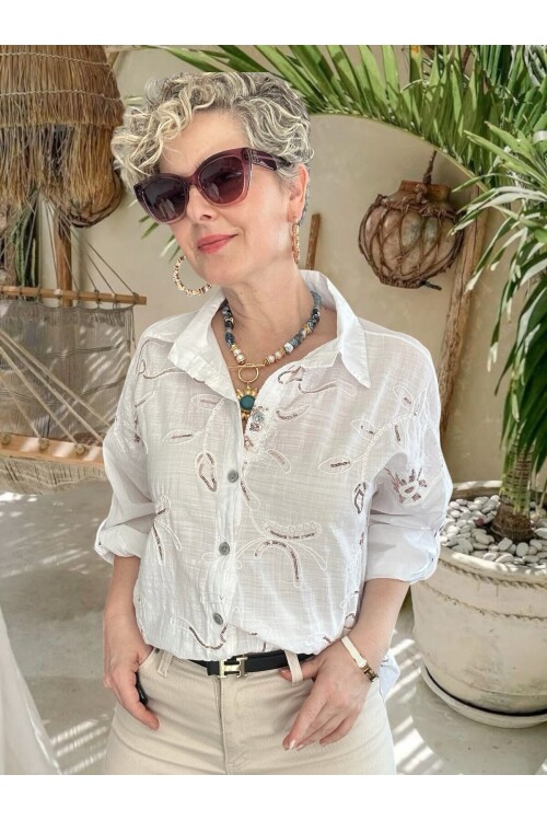 Sabbi İtalyan Payet Nakış Detaylı Gömlek Beyaz
