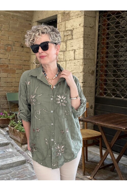 Sabbi İtalyan Payet Nakış Detaylı Gömlek Haki