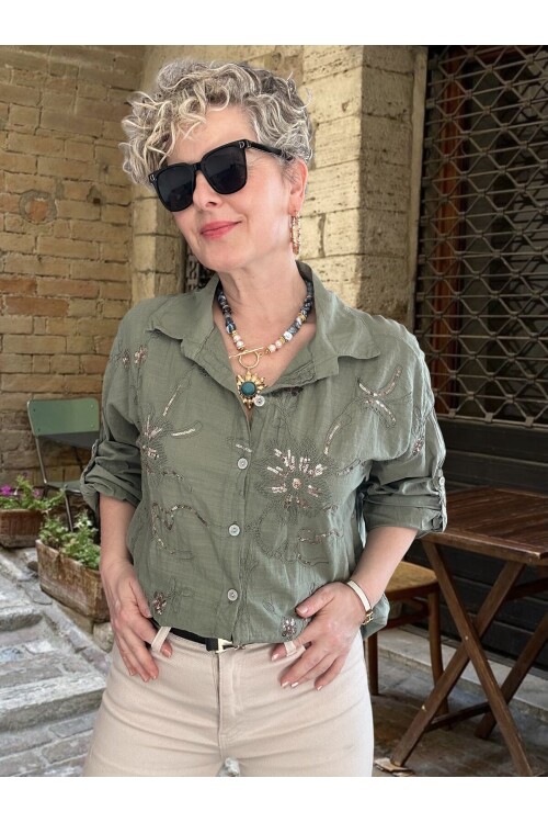 Sabbi İtalyan Payet Nakış Detaylı Gömlek Haki