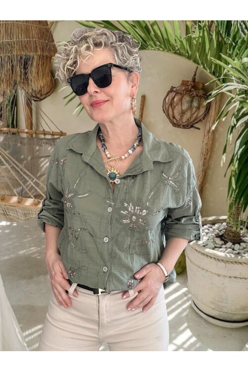 Sabbi İtalyan Payet Nakış Detaylı Gömlek Haki