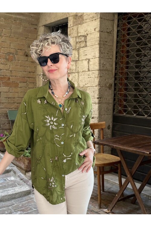 Sabbi İtalyan Payet Nakış Detaylı Gömlek Yağ Yeşil