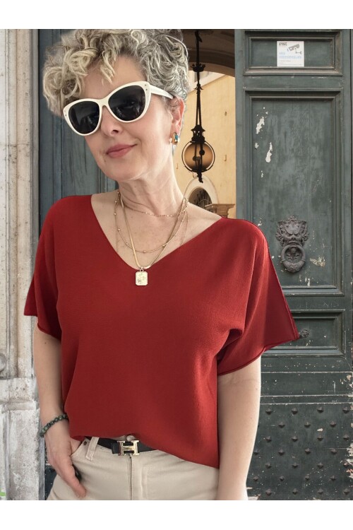 Sacci İtalyan Esintisi V Yaka Mevsimsiz Triko Bluz Kiremit