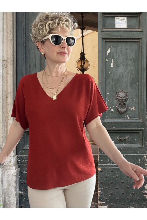 Sacci İtalyan Esintisi V Yaka Mevsimsiz Triko Bluz Kiremit