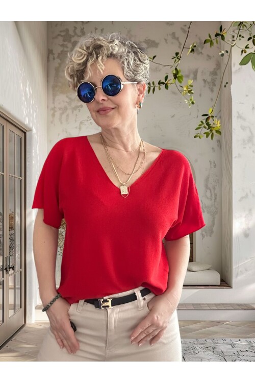 Sacci İtalyan Esintisi V Yaka Mevsimsiz Triko Bluz Kırmızı