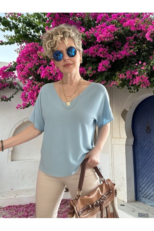 Sacci İtalyan Esintisi V Yaka Mevsimsiz Triko Bluz Mavi