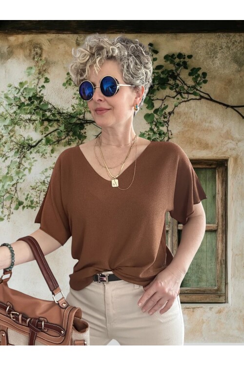 Sacci İtalyan Esintisi V Yaka Mevsimsiz Triko Bluz Tarçın