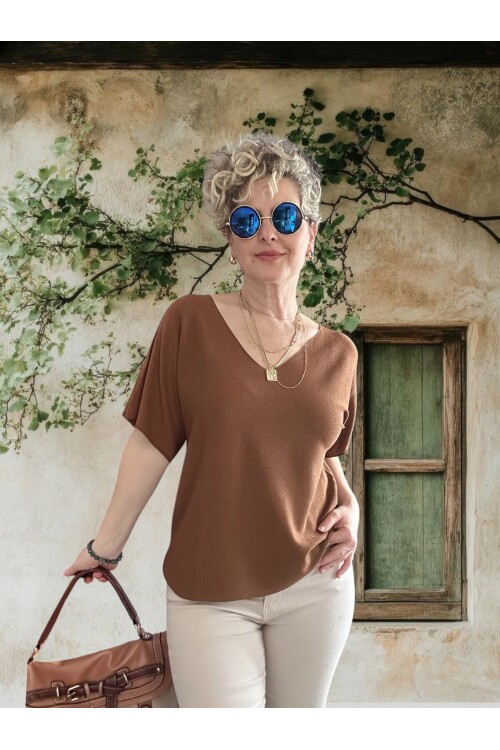 Sacci İtalyan Esintisi V Yaka Mevsimsiz Triko Bluz Tarçın