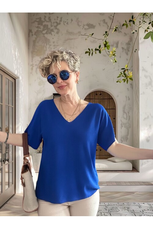 Sacci İtalyan Esintisi V Yaka Mevsimsiz Triko Saks Mavi