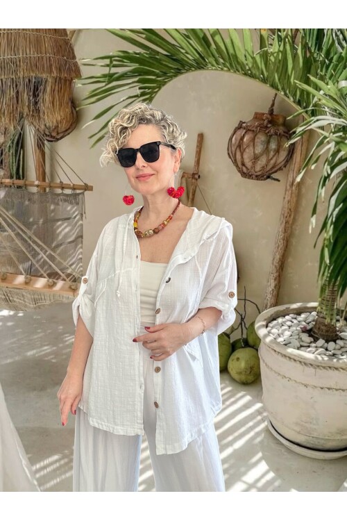 Selva Kapüşonlu Süs Cep Detaylı Tasarım Ceket Beyaz