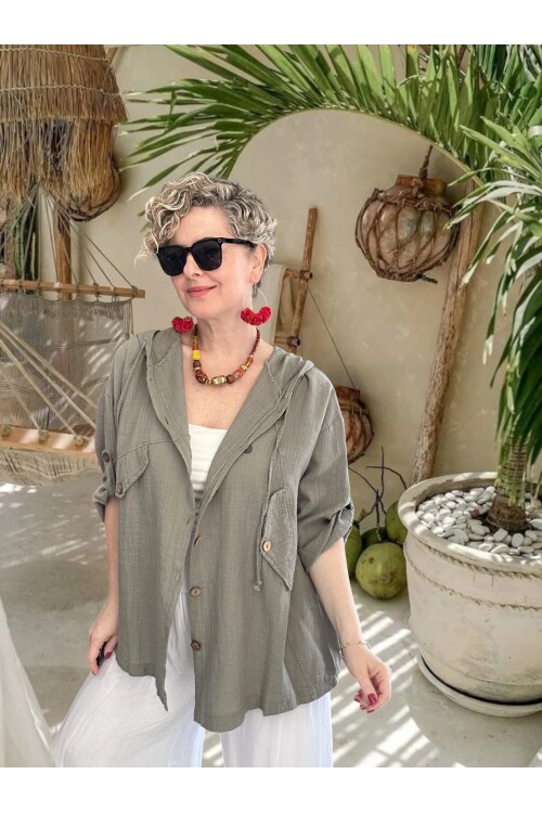 Selva Kapüşonlu Süs Cep Detaylı Tasarım Ceket Haki