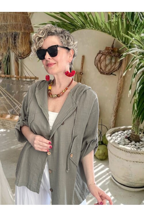 Selva Kapüşonlu Süs Cep Detaylı Tasarım Ceket Haki