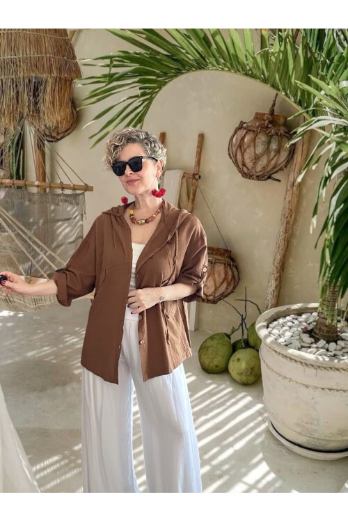 Selva Kapüşonlu Süs Cep Detaylı Tasarım Ceket Kahve