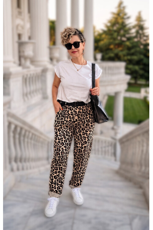 Senly İtalyan Leopar Kemerli Pantolon Beige