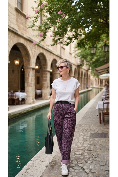 Senly İtalyan Leopar Kemerli Pantolon Bordo