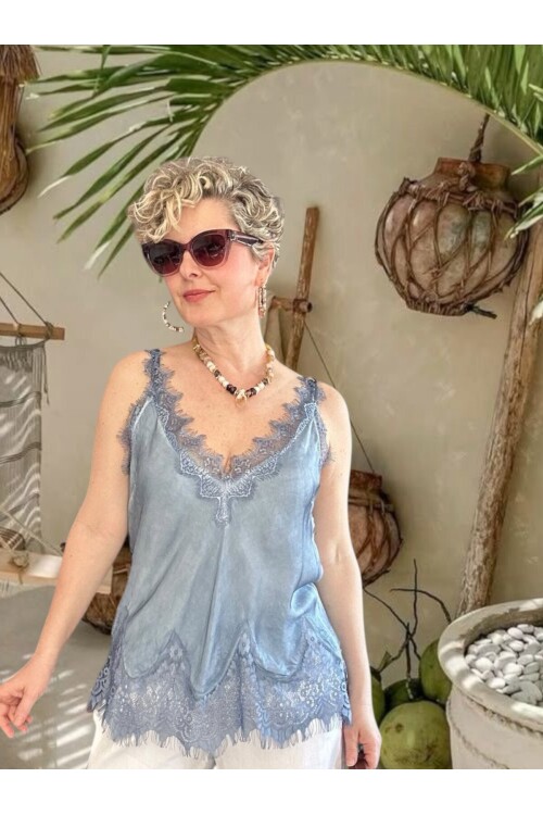 Senza Dantel Detaylı Premium Saten V Yaka Bluz İndigo