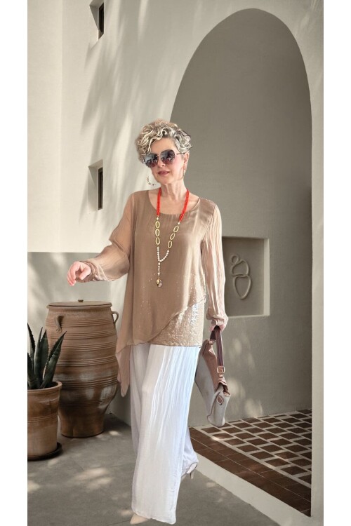 Sette Asimetrik Kesim Payetli İpek Kollu Premium Bluz Camel