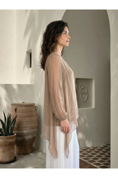 Sette Asimetrik Kesim Payetli İpek Kollu Premium Bluz Camel