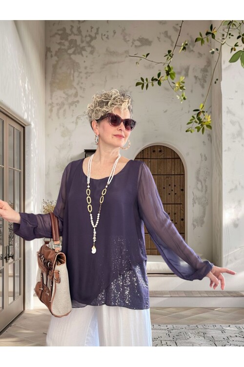 Sette Asimetrik Kesim Payetli İpek Kollu Premium Bluz Mürdüm