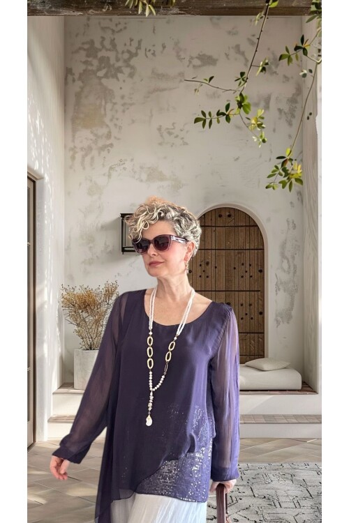 Sette Asimetrik Kesim Payetli İpek Kollu Premium Bluz Mürdüm