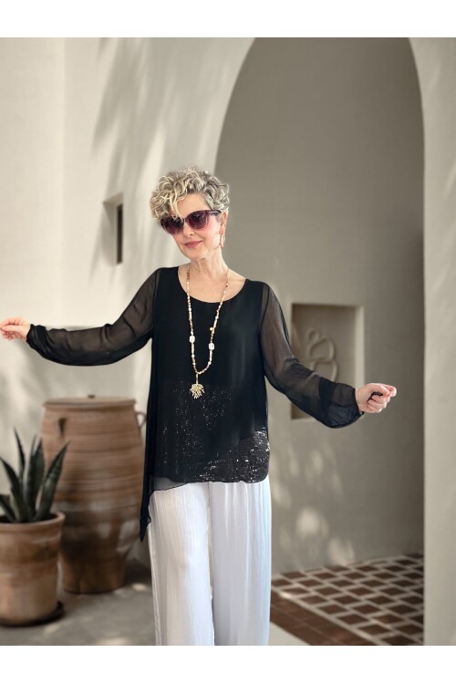 Sette Asimetrik Kesim Payetli İpek Kollu Premium Bluz Siyah