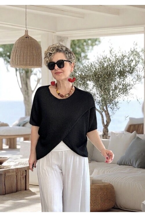 Sopra Çapraz Kesim Salaş Merserize Bluz Siyah