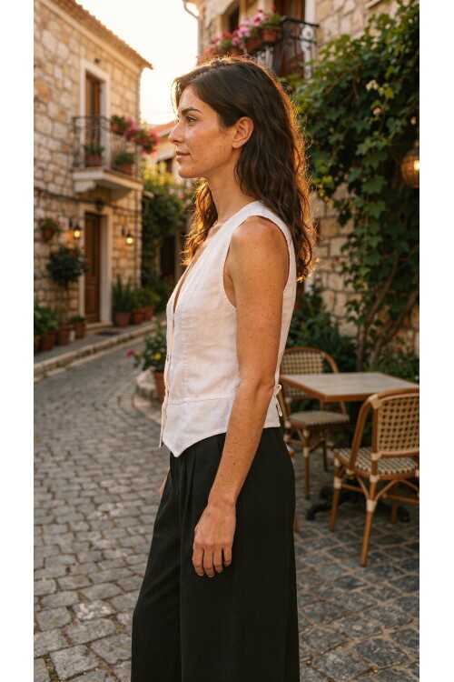 Terra %100 Linen Tasarım Düğmeli Yelek Beyaz