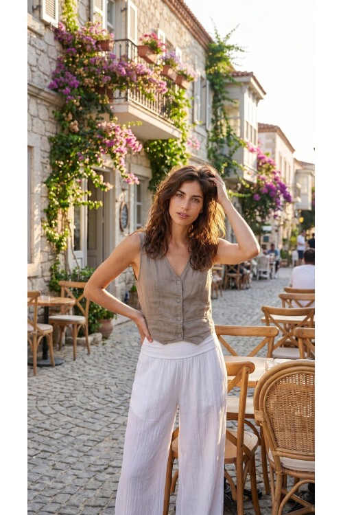 Terra %100 Linen Tasarım Düğmeli Yelek Fango