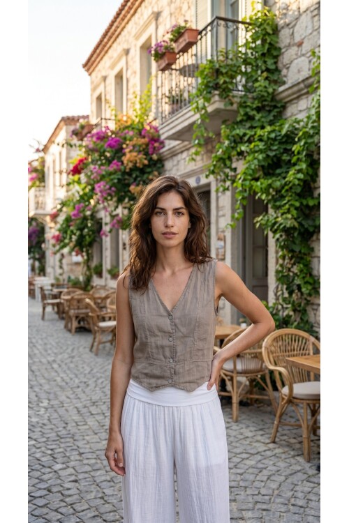 Terra %100 Linen Tasarım Düğmeli Yelek Fango