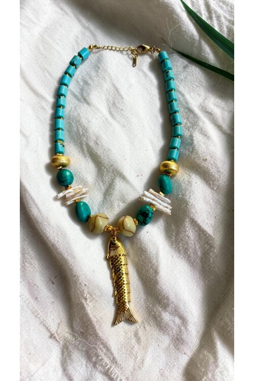 Turkuaz balık İnci Doğal Taş Kolye