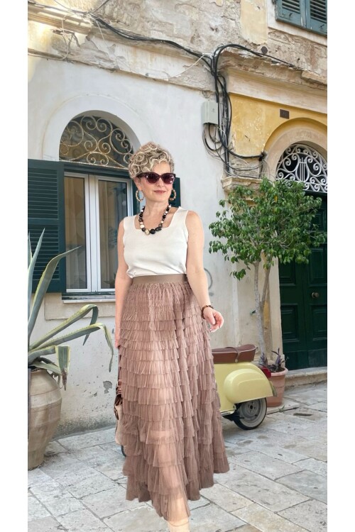 Urban İthal Tasarım Volanlı Tül Etek Vizon