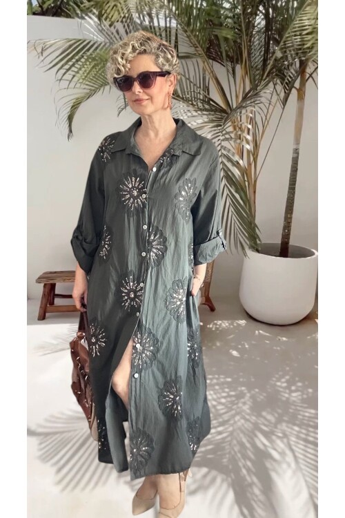 Vello İtalyan Pul Detaylı Gömlek  Elbise Kap Antrasit