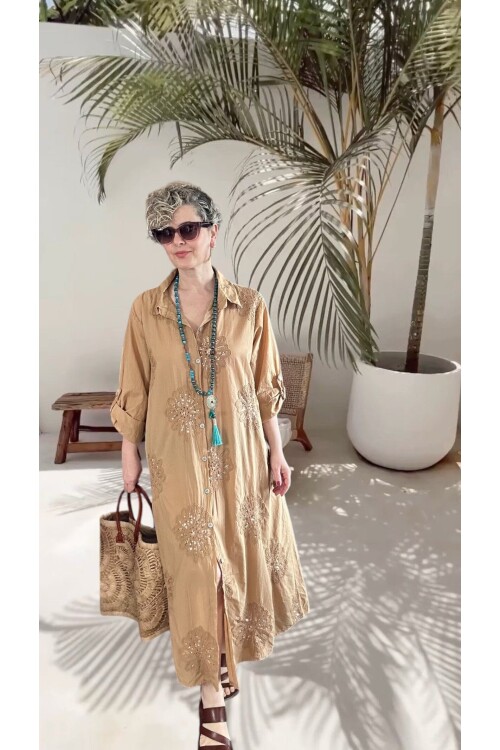 Vello İtalyan Pul Detaylı Gömlek  Elbise Kap Camel