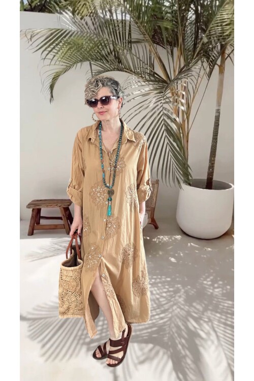 Vello İtalyan Pul Detaylı Gömlek  Elbise Kap Camel